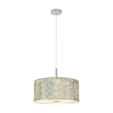 Baymont 3 Light Pendant Light with a wide drum shade in silver leaf finish, frosted acrylic diffuser base, and polished chrome ceiling plate, on a plain white background.