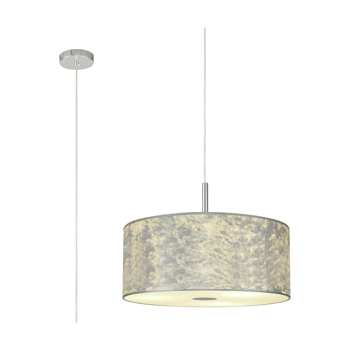 Baymont 3-Light Pendant with 50cm silver foil drum shade, white interior, frosted acrylic diffuser, and polished chrome fittings, shown with cable on a white background.