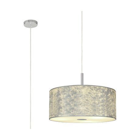Baymont 3-Light Pendant with 50cm silver foil drum shade, white interior, frosted acrylic diffuser, and polished chrome fittings, shown with cable on a white background.