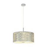 Baymont 3 Light Frosted Diffuser Pendant, 50cm drum shade in mottled silver finish with polished chrome suspension and frosted acrylic underside diffuser, shown on a plain white background.