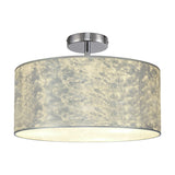 Baymont 3 Light Semi Flush ceiling light with a wide, shallow drum shade in mottled silver leaf finish, mounted close to the ceiling on a polished chrome plate, shown against a plain white background.