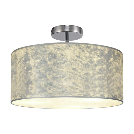 Baymont 3 Light Semi Flush ceiling light with a wide, shallow drum shade in mottled silver leaf finish, mounted close to the ceiling on a polished chrome plate, shown against a plain white background.