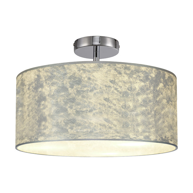 Baymont 3 Light Semi Flush ceiling light with a wide, shallow drum shade in mottled silver leaf finish, mounted close to the ceiling on a polished chrome plate, shown against a plain white background.