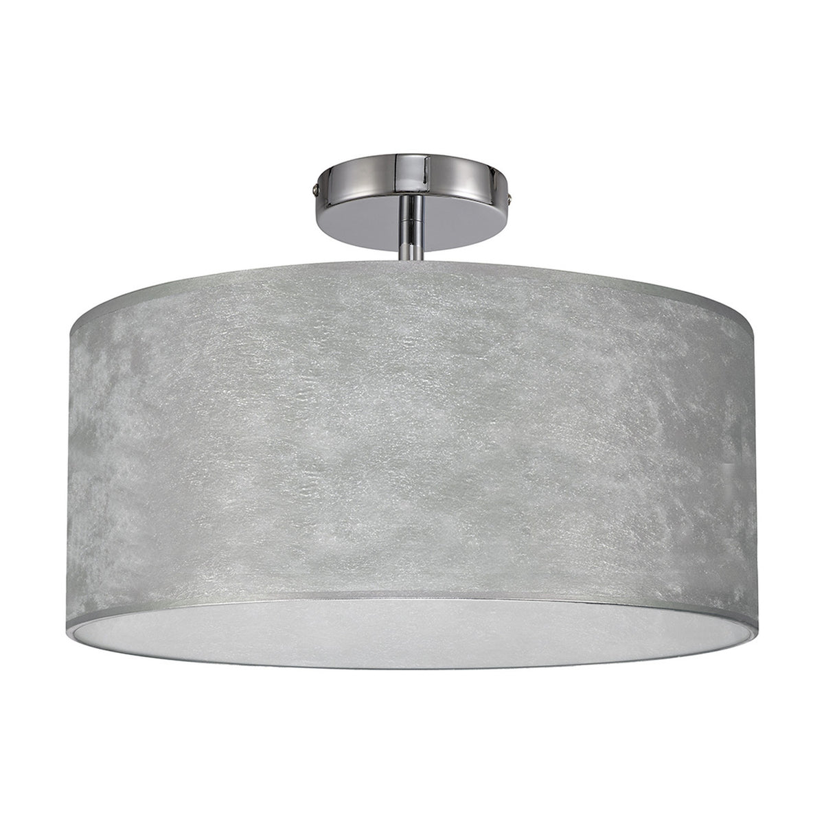 Baymont 3 Light Semi Flush ceiling light with a wide, shallow silver-textured drum shade and white lining on a polished chrome ceiling plate, shown on a plain white background.
