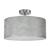 Baymont 3 Light Semi Flush ceiling light with a wide, shallow silver-textured drum shade and white lining on a polished chrome ceiling plate, shown on a plain white background.