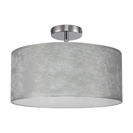 Baymont 3 Light Semi Flush ceiling light with a wide, shallow silver-textured drum shade and white lining on a polished chrome ceiling plate, shown on a plain white background.