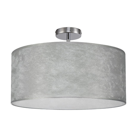 Baymont 3 Light Semi Flush Ceiling Light 50cm in Polished Chrome, with a wide shallow silver drum shade and white laminate lining, shown on a plain white background.