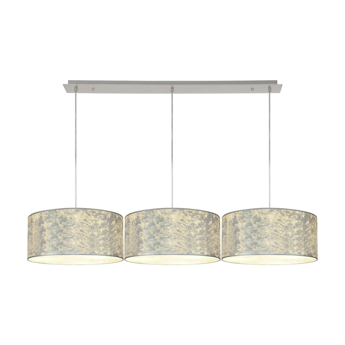 Baymont 3 Light Pendant Light with polished chrome bar and three 40cm drum shades in silver foil finish, white laminate lining, on a plain white background.