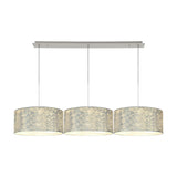 Baymont 3 Light Pendant Light with polished chrome bar and three 40cm drum shades in silver foil finish, white laminate lining, on a plain white background.