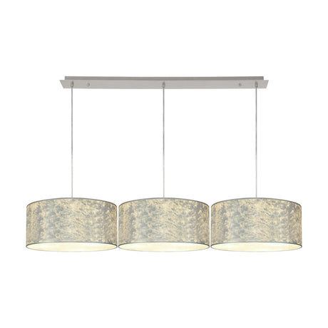 Baymont 3 Light Pendant Light with polished chrome bar and three 40cm drum shades in silver foil finish, white laminate lining, on a plain white background.