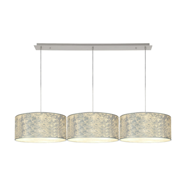 Baymont 3 Light Pendant Light with polished chrome bar and three 40cm drum shades in silver foil finish, white laminate lining, on a plain white background.