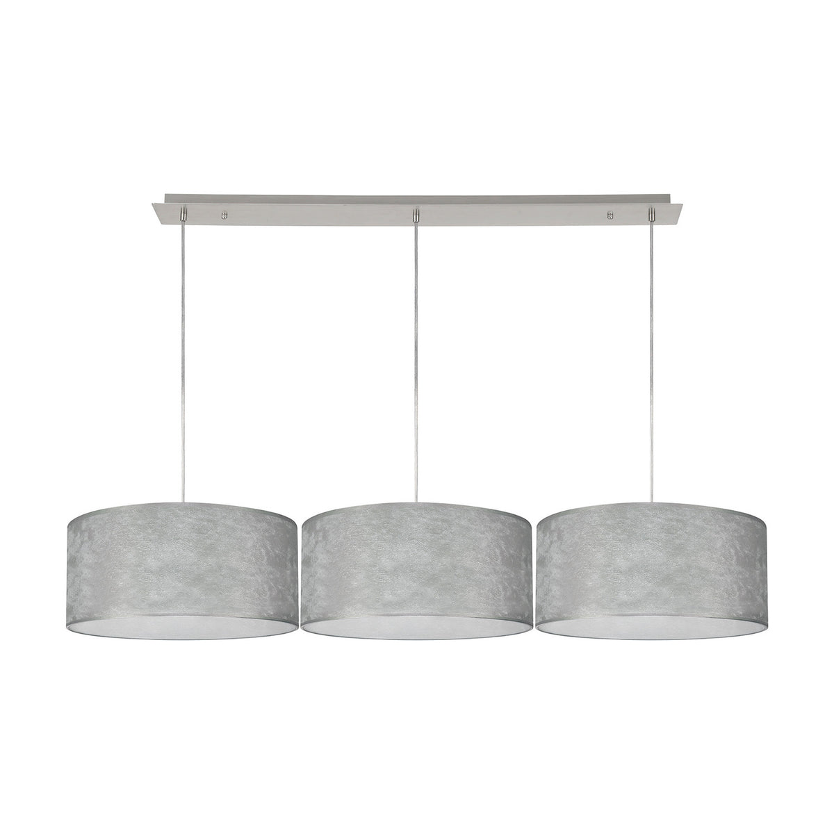 Baymont 3 Light Pendant, polished chrome bar with three 40cm silver foil drum shades on cords, white laminate lining, shown on a plain white background.