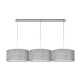 Baymont 3 Light Pendant, polished chrome bar with three 40cm silver foil drum shades on cords, white laminate lining, shown on a plain white background.