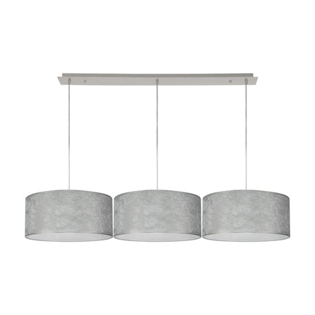 Baymont 3 Light Pendant, polished chrome bar with three 40cm silver foil drum shades on cords, white laminate lining, shown on a plain white background.