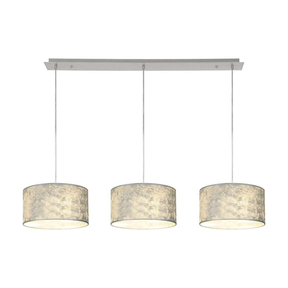 Baymont 3 Light Pendant with polished chrome bar and cords, suspending three 30cm silver foil drum shades with white lining, shown on a plain white background.