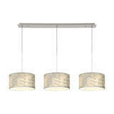 Baymont 3 Light Pendant with polished chrome bar and cords, suspending three 30cm silver foil drum shades with white lining, shown on a plain white background.