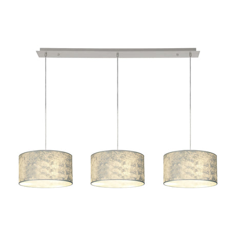 Baymont 3 Light Pendant with polished chrome bar and cords, suspending three 30cm silver foil drum shades with white lining, shown on a plain white background.