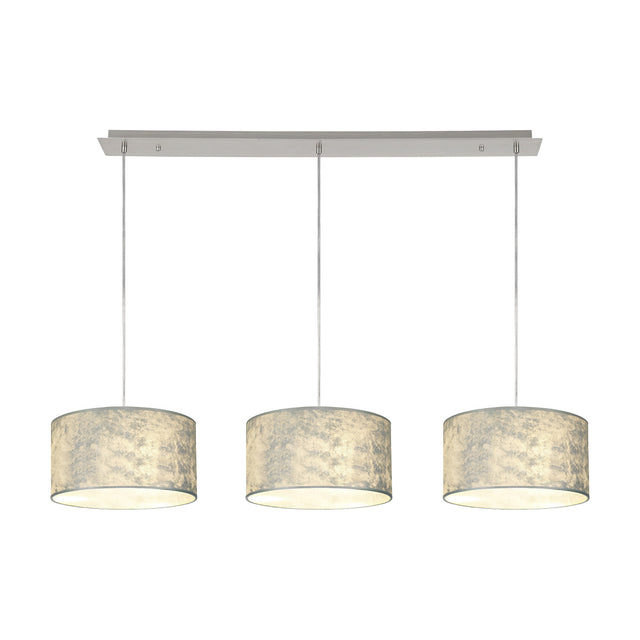 Baymont 3 Light Pendant with polished chrome bar and cords, suspending three 30cm silver foil drum shades with white lining, shown on a plain white background.
