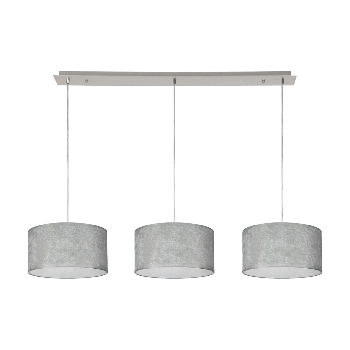 Baymont 3 Light Pendant, polished chrome bar with three 30cm silver drum shades on adjustable cords, shown against a plain white background.