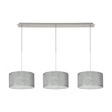 Baymont 3 Light Pendant, polished chrome bar with three 30cm silver drum shades on adjustable cords, shown against a plain white background.