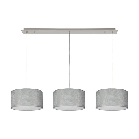 Baymont 3 Light Pendant, polished chrome bar with three 30cm silver drum shades on adjustable cords, shown against a plain white background.