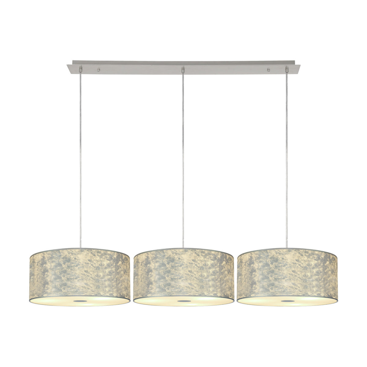 Baymont 3 Light Frosted Diffuser Pendant with 40cm silver leaf drum shades on a polished chrome bar, adjustable cables, shown on a white background.