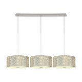 Baymont 3 Light Frosted Diffuser Pendant with 40cm silver leaf drum shades on a polished chrome bar, adjustable cables, shown on a white background.