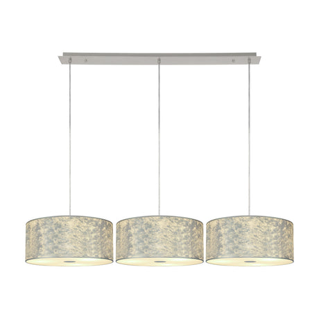 Baymont 3 Light Frosted Diffuser Pendant with 40cm silver leaf drum shades on a polished chrome bar, adjustable cables, shown on a white background.
