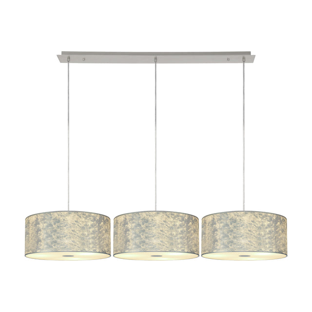 Baymont 3 Light Frosted Diffuser Pendant with 40cm silver leaf drum shades on a polished chrome bar, adjustable cables, shown on a white background.