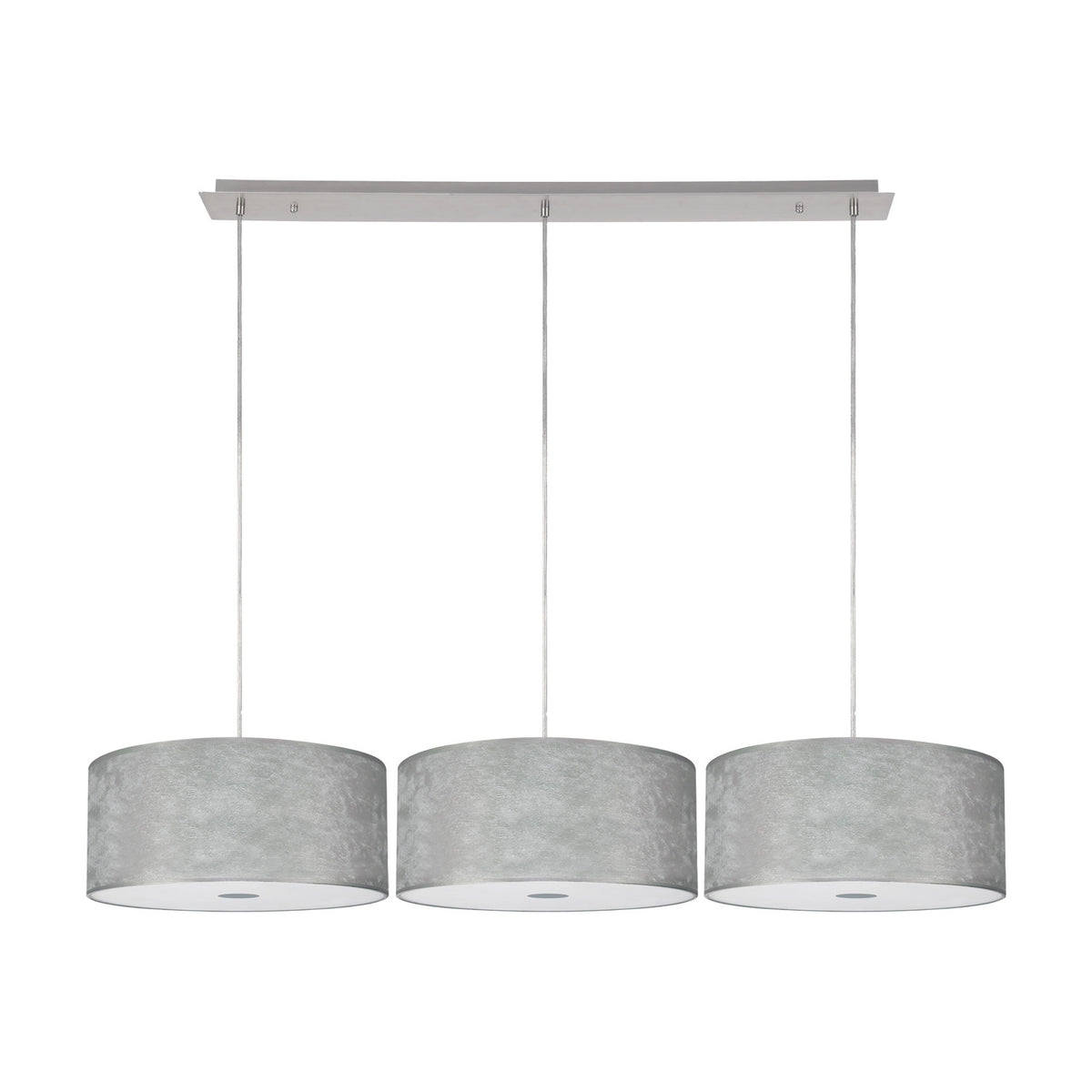 Baymont 3 Light pendant with polished chrome linear bar, three suspension cables, and silver drum shades in acrylic with frosted diffusers, shown on a plain white background.