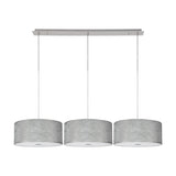 Baymont 3 Light pendant with polished chrome linear bar, three suspension cables, and silver drum shades in acrylic with frosted diffusers, shown on a plain white background.