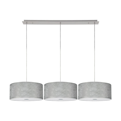 Baymont 3 Light pendant with polished chrome linear bar, three suspension cables, and silver drum shades in acrylic with frosted diffusers, shown on a plain white background.
