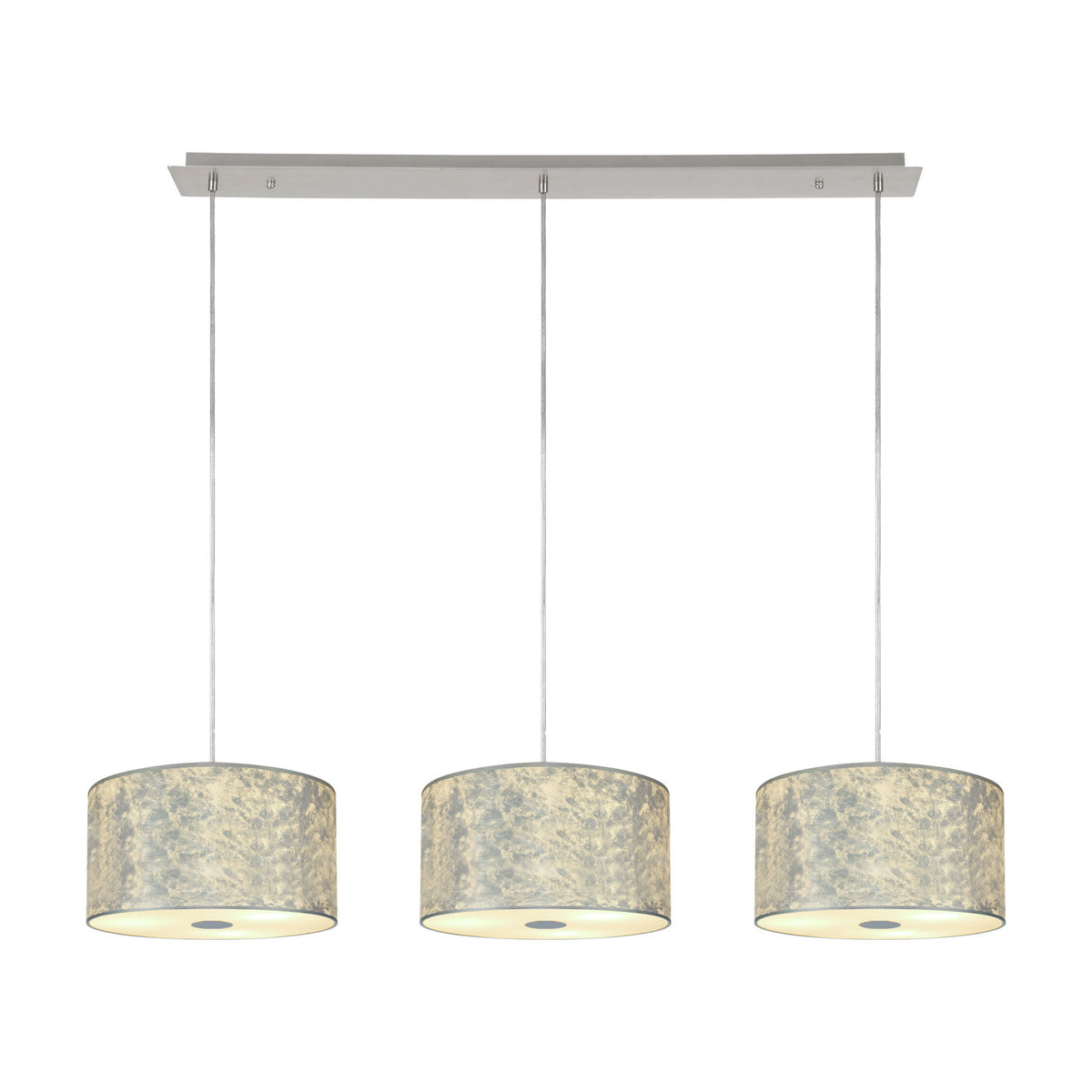 Baymont 3 Light Pendant with polished chrome bar and cables, three 30cm silver drum shades with frosted acrylic diffusers, shown lit against a plain white background.