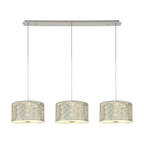 Baymont 3 Light Pendant with polished chrome bar and cables, three 30cm silver drum shades with frosted acrylic diffusers, shown lit against a plain white background.