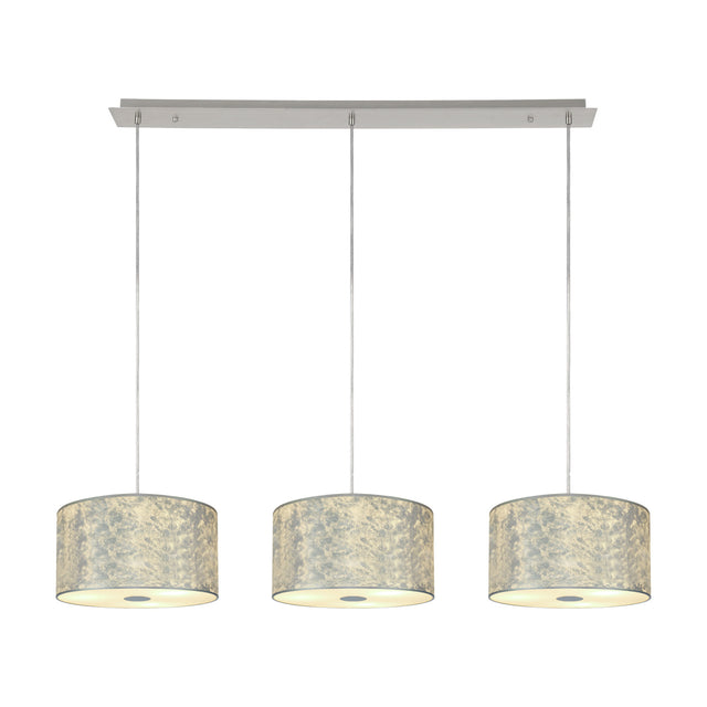 Baymont 3 Light Pendant with polished chrome bar and cables, three 30cm silver drum shades with frosted acrylic diffusers, shown lit against a plain white background.