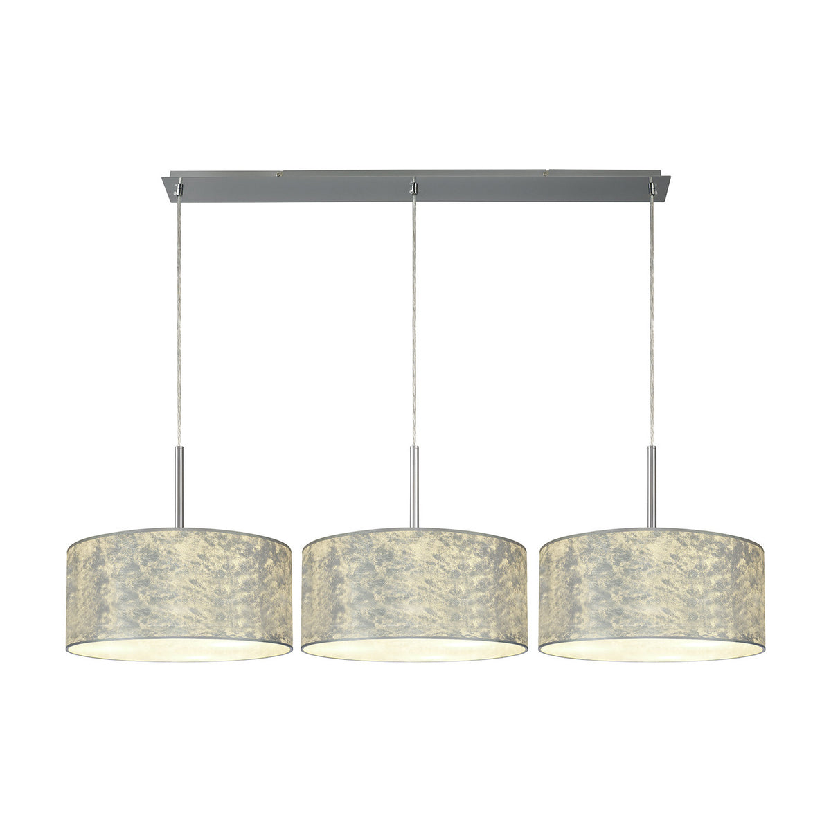 Baymont 3 Light Pendant, polished chrome bar with three silver leaf drum shades on hanging cables, E27 fittings, shown on a plain white background.