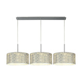 Baymont 3 Light Pendant, polished chrome bar with three silver leaf drum shades on hanging cables, E27 fittings, shown on a plain white background.
