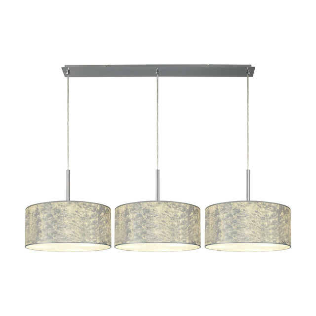 Baymont 3 Light Pendant, polished chrome bar with three silver leaf drum shades on hanging cables, E27 fittings, shown on a plain white background.