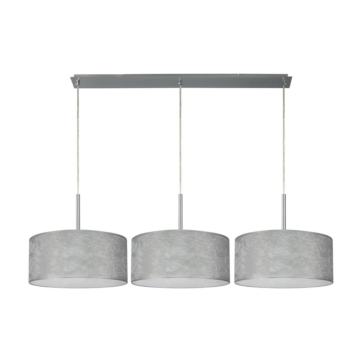 Baymont 3 Light Pendant Light with polished chrome bar and three round silver drum shades on hanging cords, shown on a plain white background.