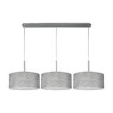 Baymont 3 Light Pendant Light with polished chrome bar and three round silver drum shades on hanging cords, shown on a plain white background.