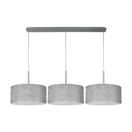Baymont 3 Light Pendant Light with polished chrome bar and three round silver drum shades on hanging cords, shown on a plain white background.