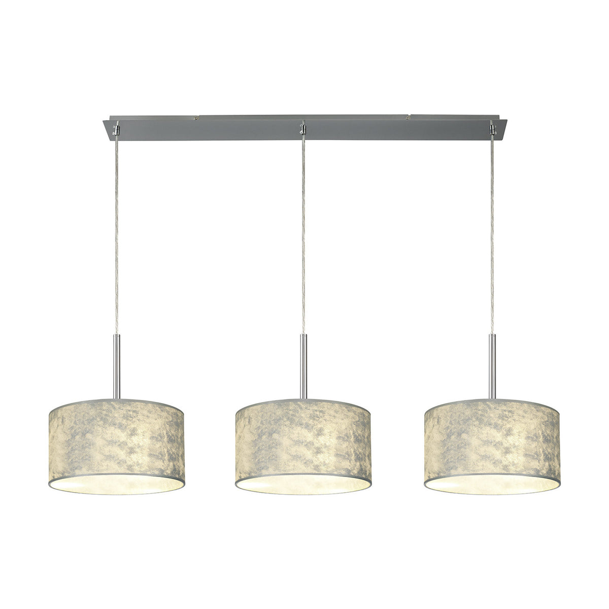 Baymont 3 Light Pendant Light with a slim polished chrome bar and three 30cm drum shades in silver foil finish, each on chrome rods, shown on a plain white background.