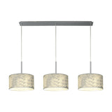 Baymont 3 Light Pendant Light with a slim polished chrome bar and three 30cm drum shades in silver foil finish, each on chrome rods, shown on a plain white background.