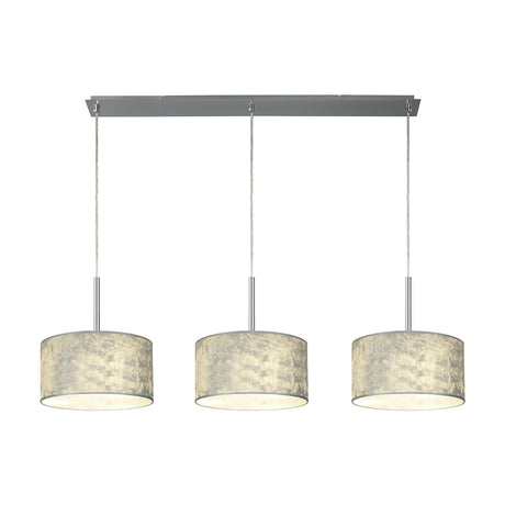 Baymont 3 Light Pendant Light with a slim polished chrome bar and three 30cm drum shades in silver foil finish, each on chrome rods, shown on a plain white background.