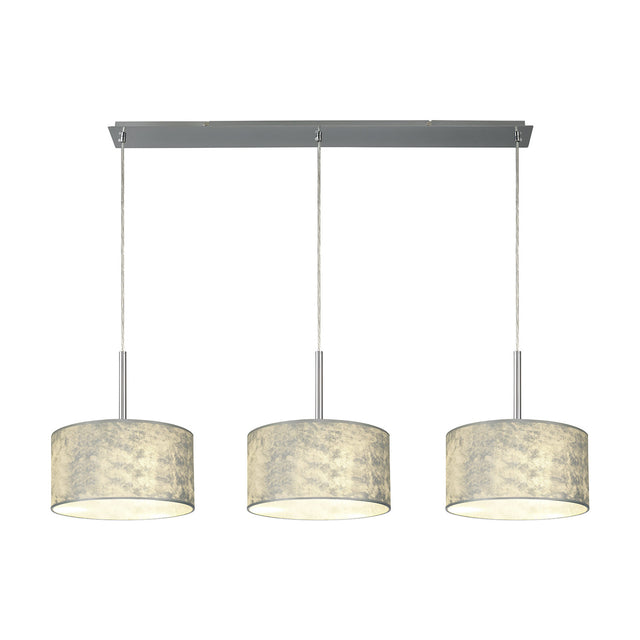 Baymont 3 Light Pendant Light with a slim polished chrome bar and three 30cm drum shades in silver foil finish, each on chrome rods, shown on a plain white background.