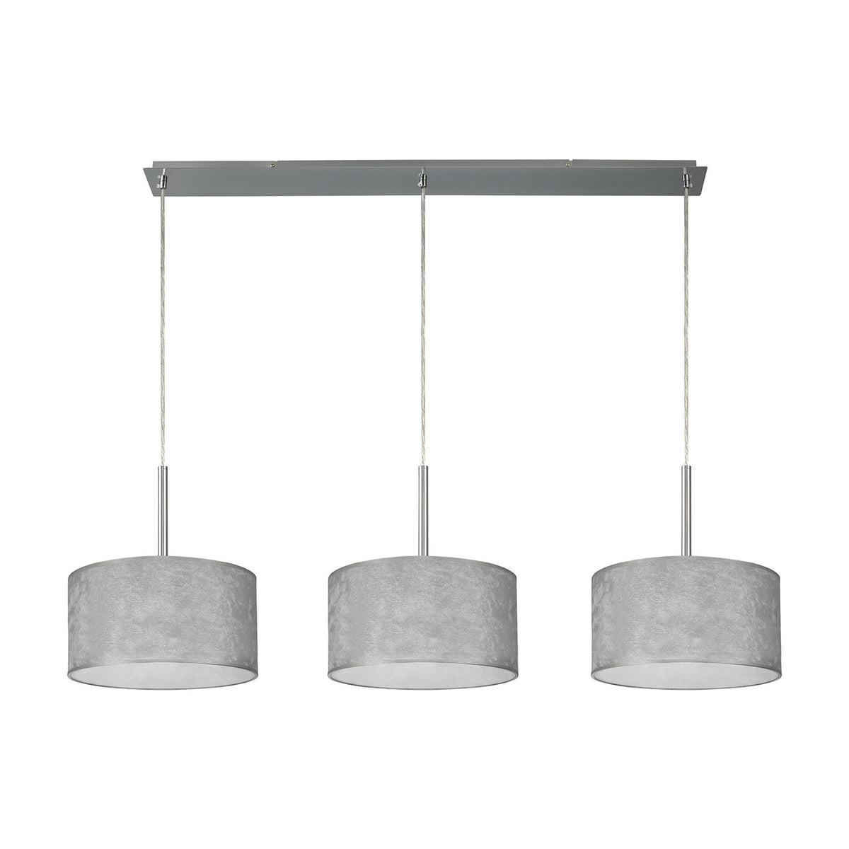 Baymont 3 Light Pendant, polished chrome bar with three 30cm silver foil drum shades on chrome suspensions, E27 fittings, shown on a plain white background.