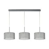 Baymont 3 Light Pendant, polished chrome bar with three 30cm silver foil drum shades on chrome suspensions, E27 fittings, shown on a plain white background.