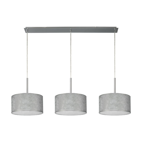 Baymont 3 Light Pendant, polished chrome bar with three 30cm silver foil drum shades on chrome suspensions, E27 fittings, shown on a plain white background.
