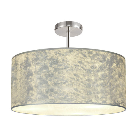 Baymont 5 Light Flush Ceiling Light in Silver Leaf and Polished Chrome, a wide drum-shaped shade with mottled silver-grey finish on a chrome ceiling plate, shown on a plain white background.