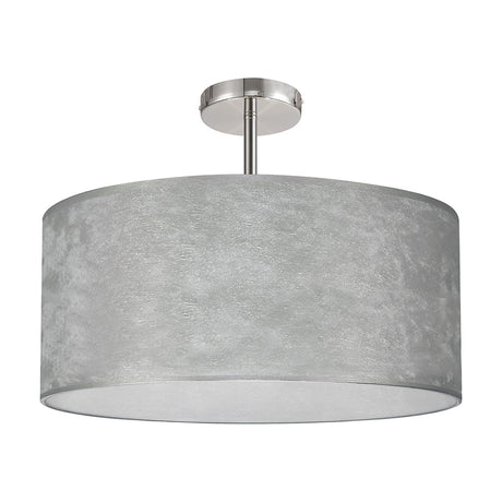 Baymont 5 Light Flush Ceiling Light in Silver Leaf with Polished Chrome fittings, a wide drum-shaped shade on a short rod mount, shown on a plain white background.